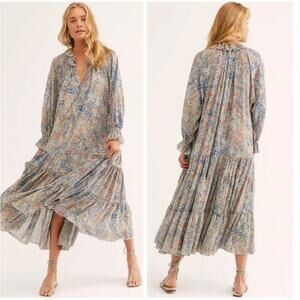 Free People Dress Small Feeling Groovy Maxi White Combo Floral Ruffle Chic Boho